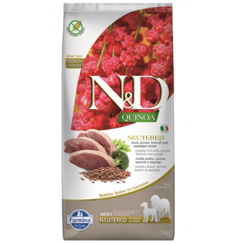 Farmina N&D Dog QUINOA (GF) Adult Medium & Maxi, neutered, Duck, broccoli & asparagus 12kg Farmina N&D Dog QUINOA (GF) Adult Medium & Maxi, neutered, Duck, broccoli & asparagus 12kg