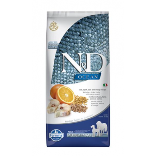 Farmina N&D Dog OCEAN (AG) Adult Medium & Maxi, Codfish, spelt, oats & orange 12kg Farmina N&D Dog OCEAN (AG) Adult Medium & Maxi, Codfish, spelt, oats & orange 12kg